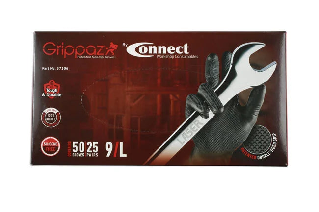 Connect Grippaz Large Black Nitrile Gloves Box 50pc/25 Pairs - CPL