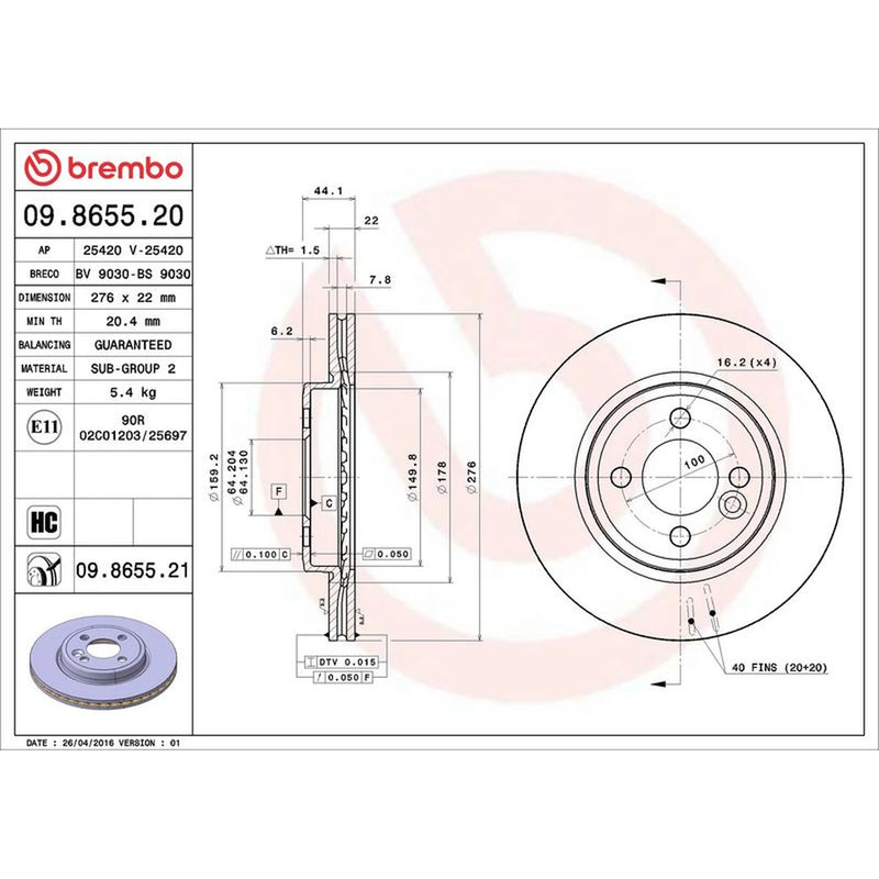 Brembo 2 x Internally Vented Front Brake Discs 09.8655.21