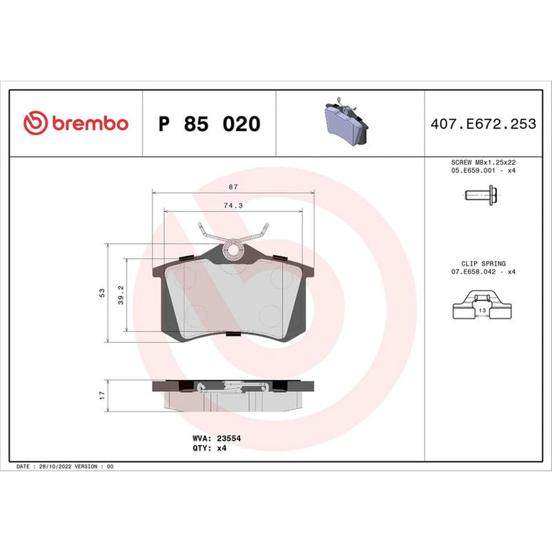 Brembo 4 x Rear Brake Pad Set P85020X