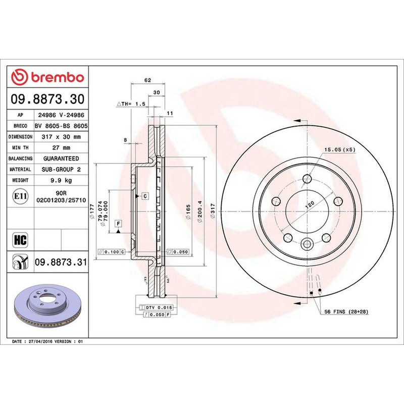 Brembo 2 x Front Brake Discs 09.8873.31