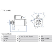 Bosch Starter Motor 12V 3kW 9 Teeth 0 986 018 980