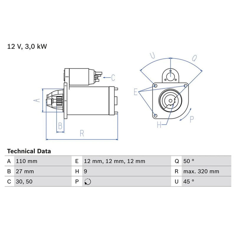Bosch Starter Motor 12V 3kW 9 Teeth 0 986 018 980