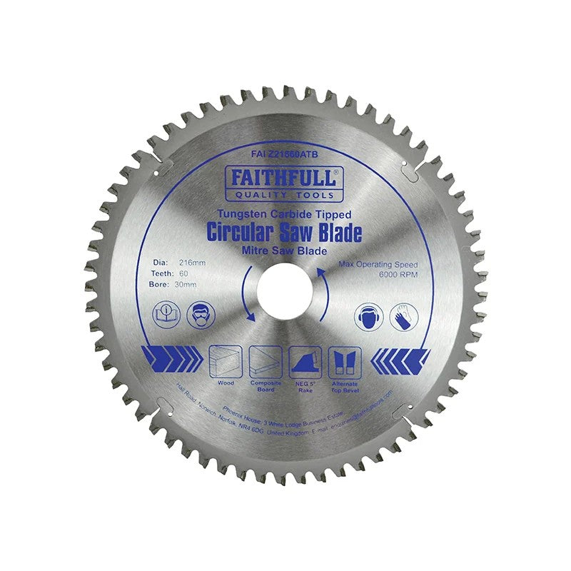 Faithfull TCT Cross Cut Mitre Saw Blade 216 x 30mm x 60T NEG - FAIZ21660ATB