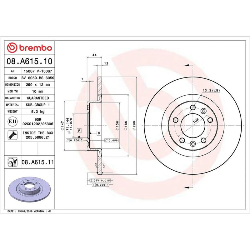 Brembo 2 x Solid Rear Brake Discs 08.A615.11