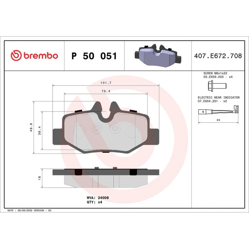 Brembo 4 x Rear Brake Pad Set P50051