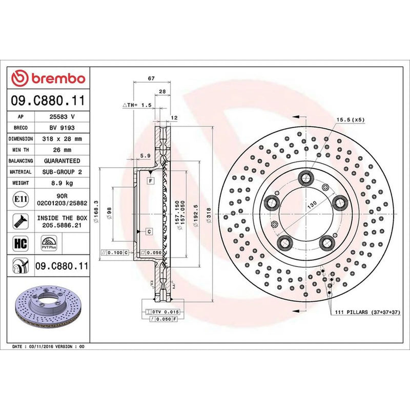 Brembo 2 x Perforated/Vented Front Brake Discs 09.C880.11