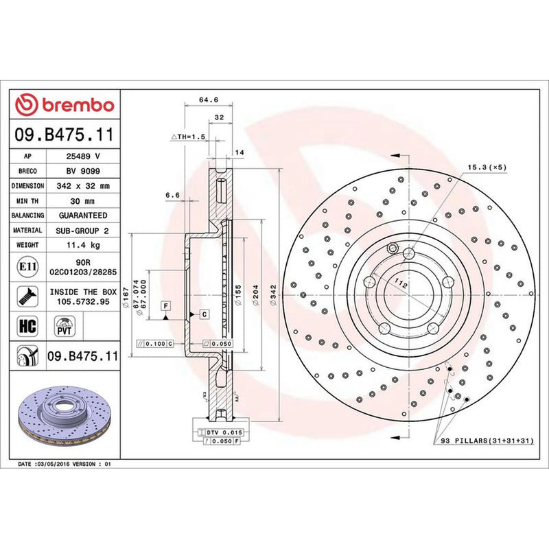 Brembo 2 x Perforated/Vented Front Brake Discs 09.B475.11