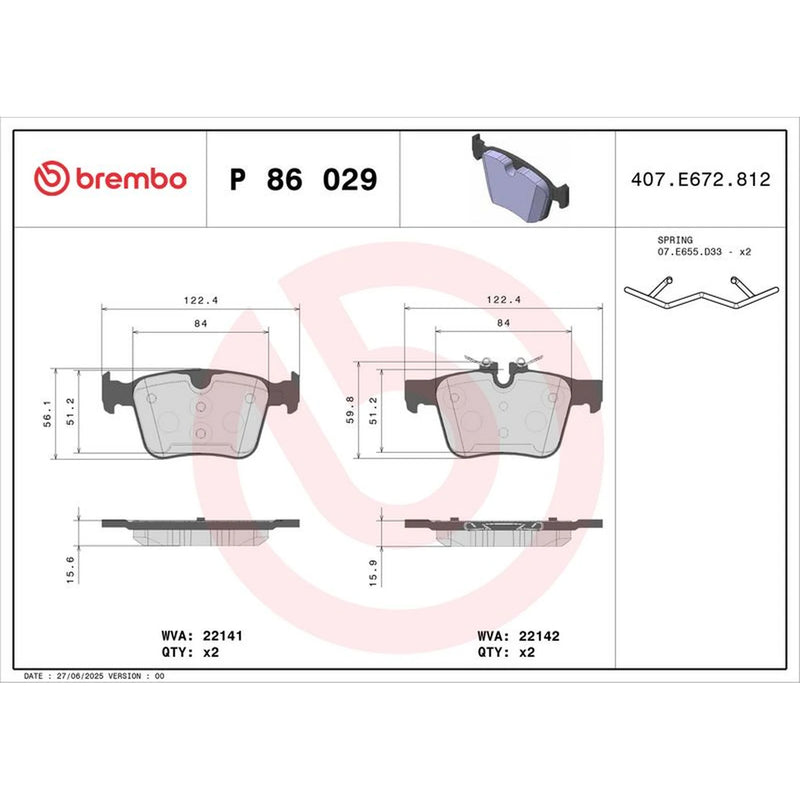 Brembo 4 x Rear Brake Pad Set P86029