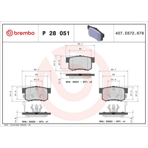 Brembo 4 x Rear Brake Pad Set P28051