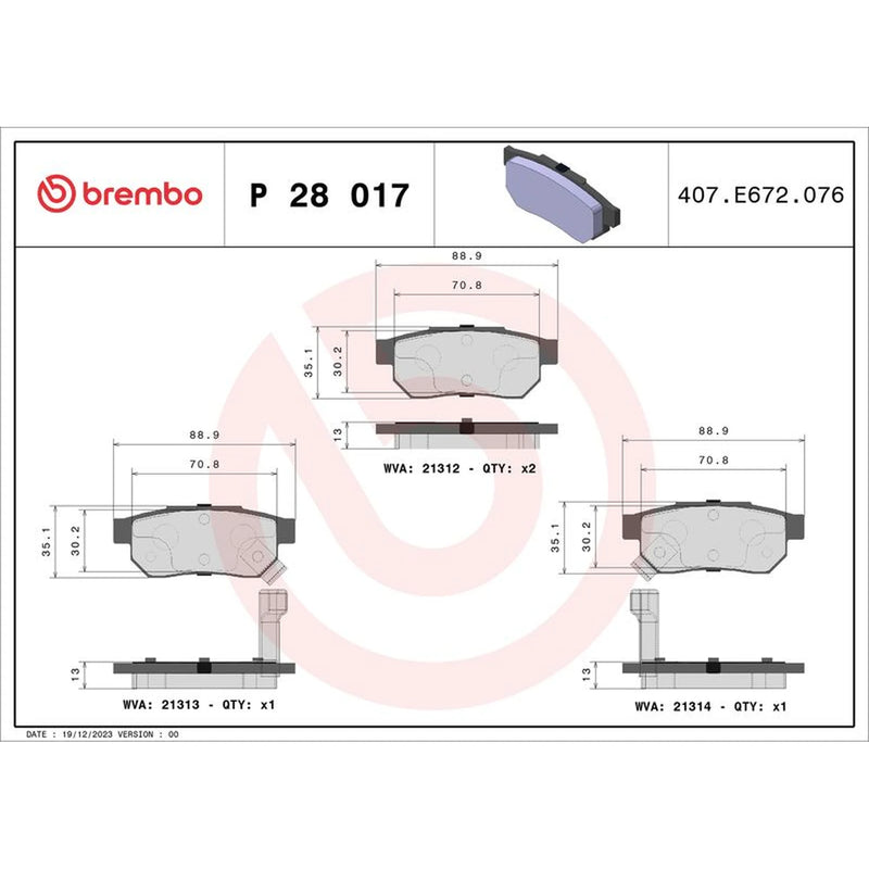 Brembo 4 x Rear Brake Pad Set P28017