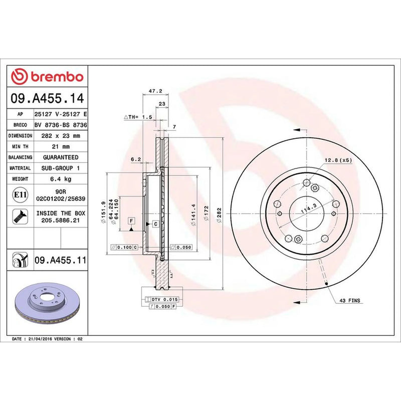 Brembo 2 x Internally Vented Front Brake Discs 09.A455.11