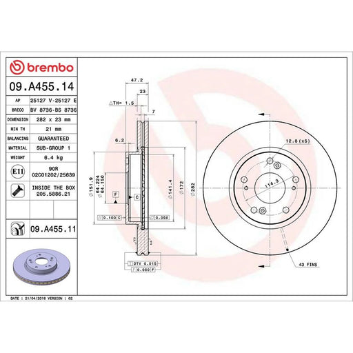Brembo 2 x Internally Vented Front Brake Discs 09.A455.11