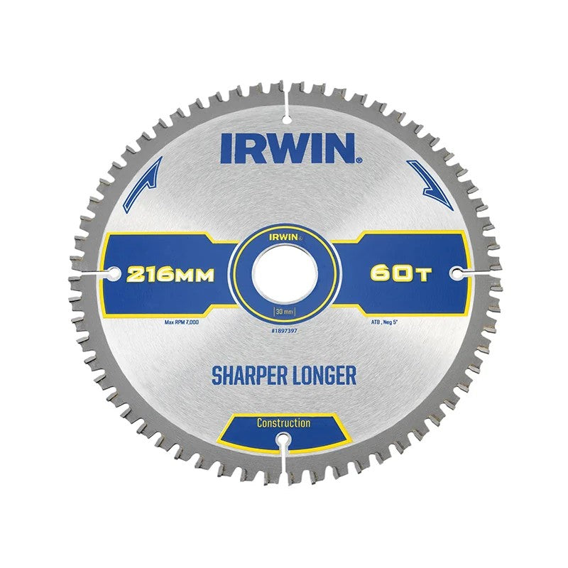 IRWIN® Construction Mitre Circular Saw Blade 216 x 30mm x 60T ATB/Neg - 1897397