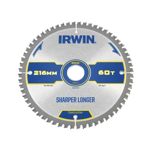 IRWIN® Construction Mitre Circular Saw Blade 216 x 30mm x 60T ATB/Neg - 1897397