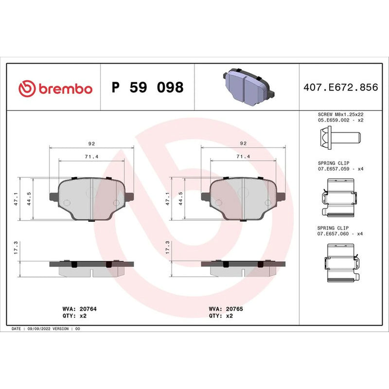 Brembo 4 x Rear Brake Pad Set P59098