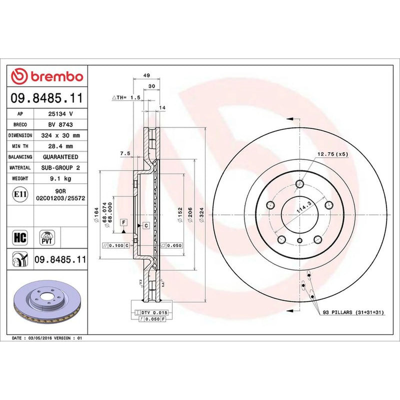Brembo 2 x Internally Vented Front Brake Discs 09.8485.11
