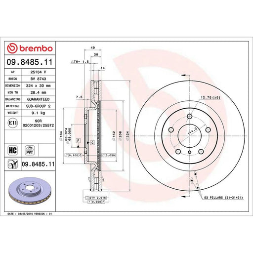 Brembo 2 x Internally Vented Front Brake Discs 09.8485.11