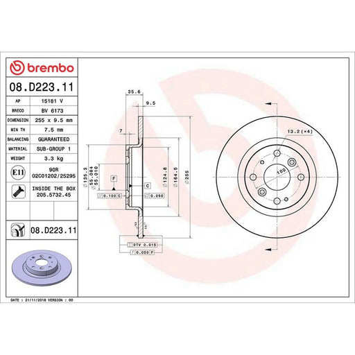 Brembo 2 x Solid Rear Brake Discs 08.D223.11