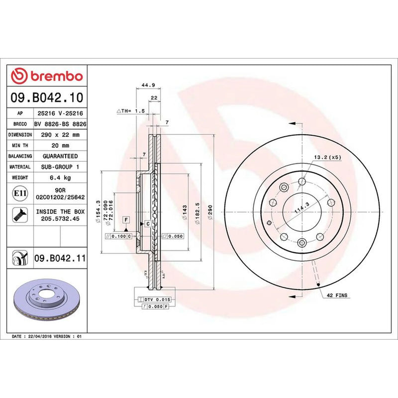 Brembo 2 x Internally Vented Front Brake Discs 09.B042.11