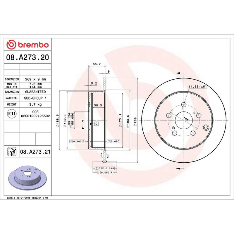 Brembo 2 x Solid Rear Brake Discs 08.A273.21