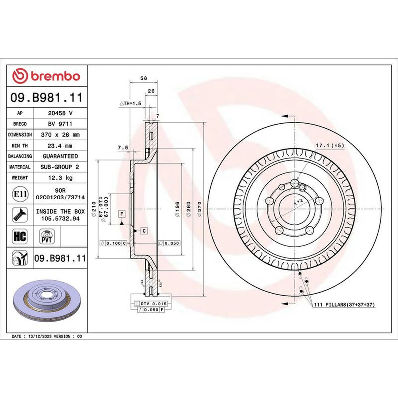 Brembo 2 x Internally Vented Rear Brake Discs 09.B981.11