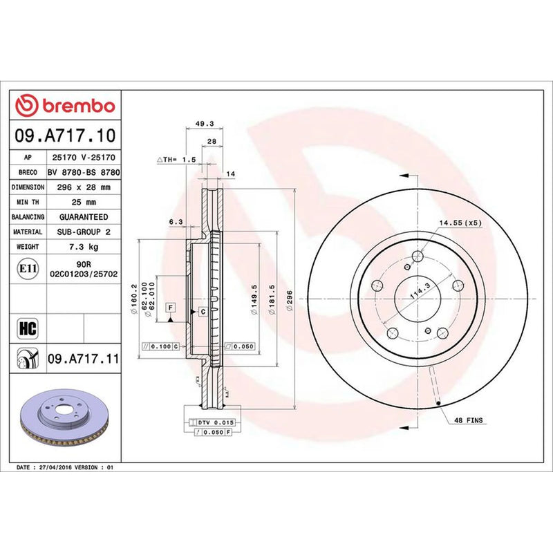 Brembo 2 x Internally Vented Front Brake Discs 09.A717.11