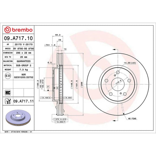 Brembo 2 x Internally Vented Front Brake Discs 09.A717.11