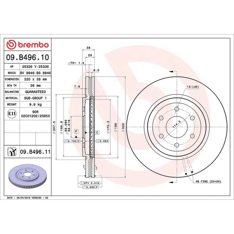 Brembo 2 x Internally Vented Front Brake Discs 09.B496.11