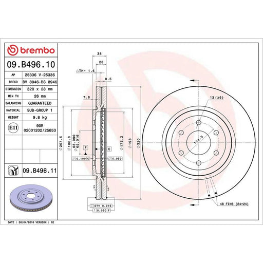 Brembo 2 x Internally Vented Front Brake Discs 09.B496.11