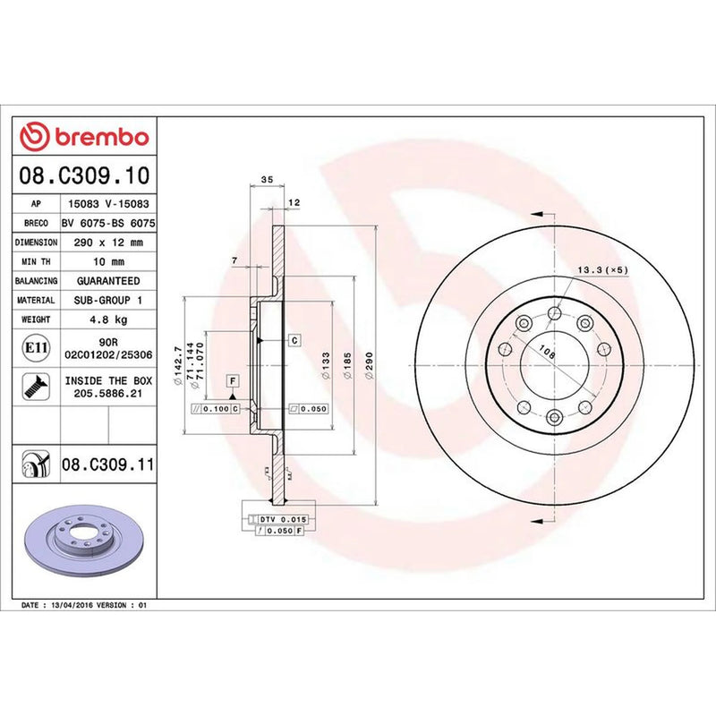 Brembo 2 x Rear Brake Discs 08.C309.11