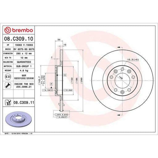 Brembo 2 x Rear Brake Discs 08.C309.11