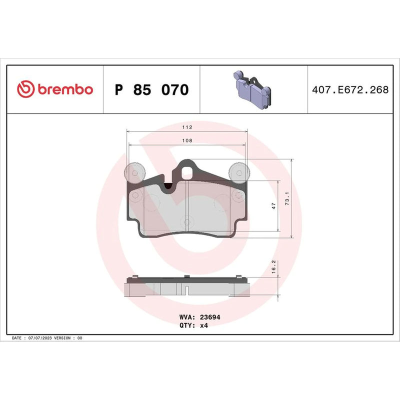 Brembo 4 x Rear Brake Pad Set P85070