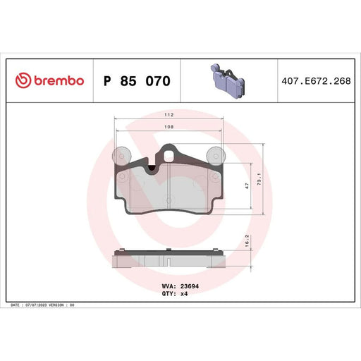 Brembo 4 x Rear Brake Pad Set P85070