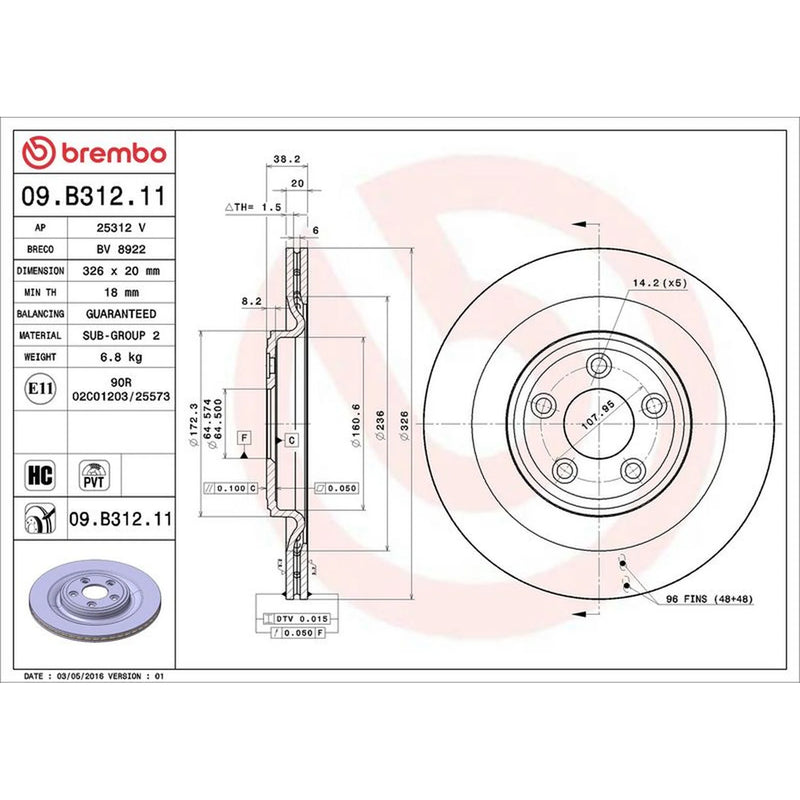 Brembo 2 x Internally Vented Rear Brake Discs 09.B312.11