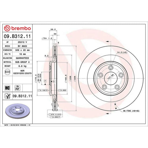 Brembo 2 x Internally Vented Rear Brake Discs 09.B312.11
