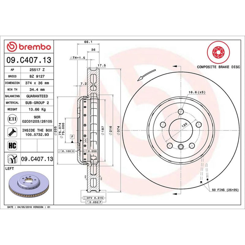 Brembo 2 x Aluminium Front Brake Disc Hub Brake Discs 09.C407.13