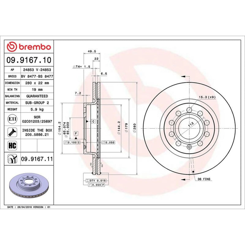 Brembo 2 x Front Brake Discs 09.9167.11