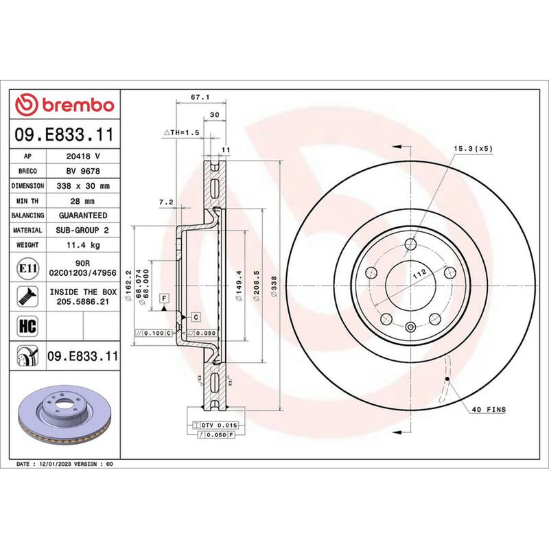 Brembo 2 x Internally Vented Front Brake Discs 09.E833.11