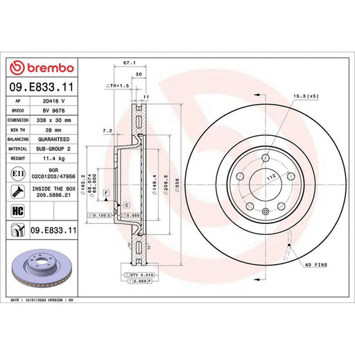 Brembo 2 x Internally Vented Front Brake Discs 09.E833.11