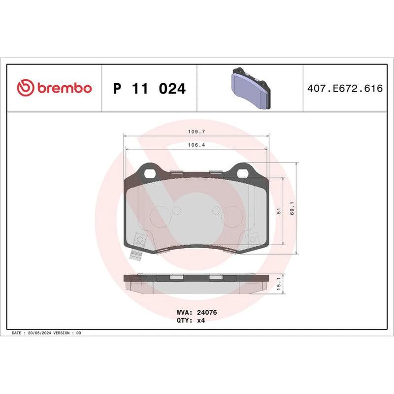 Brembo 4 x Rear Brake Pad Set P11024