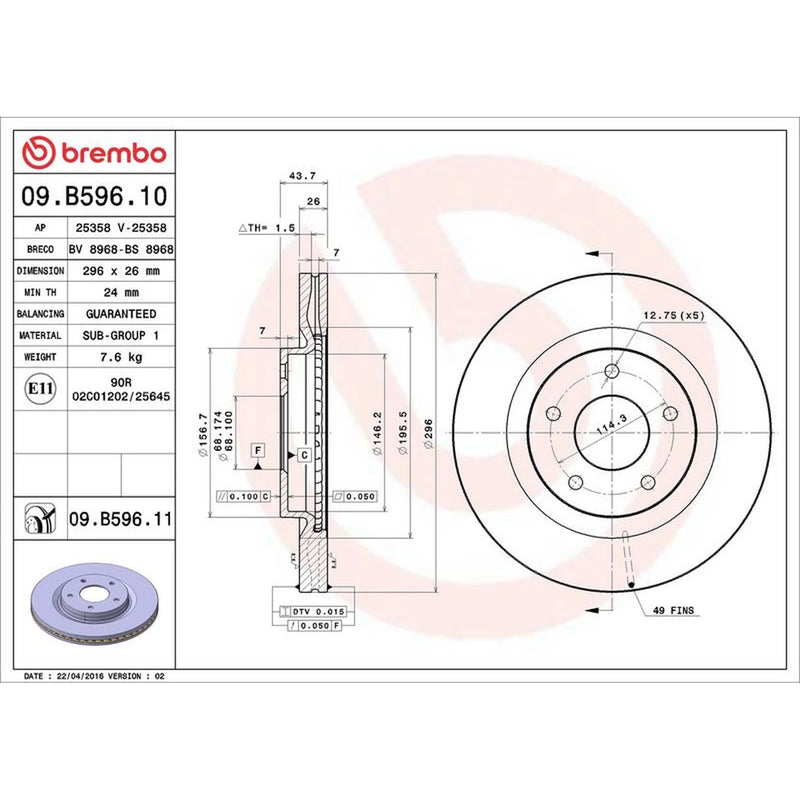 Brembo 2 x Internally Vented Front Brake Discs 09.B596.11
