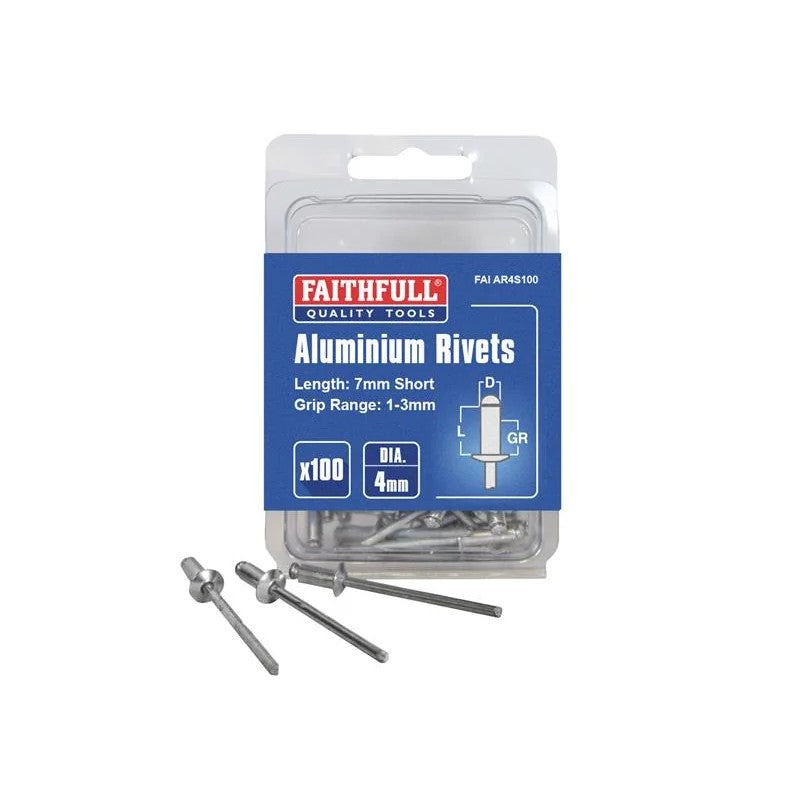 Faithfull Aluminium Rivets 4 x 7mm Short Pre-Pack of 100 - FAIAR4S100