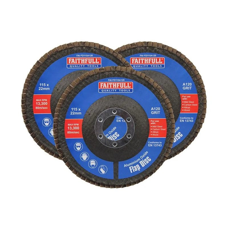 Faithfull Aluminium Oxide Flap Disc 115 x 22mm 120 Grit (3 Pack) - FAIFD11512A3