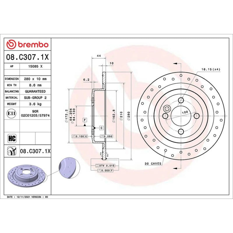 Brembo Xtra 2 x Perforated Rear Brake Discs 08.C307.1X