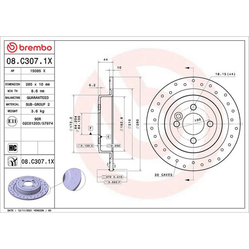 Brembo Xtra 2 x Perforated Rear Brake Discs 08.C307.1X