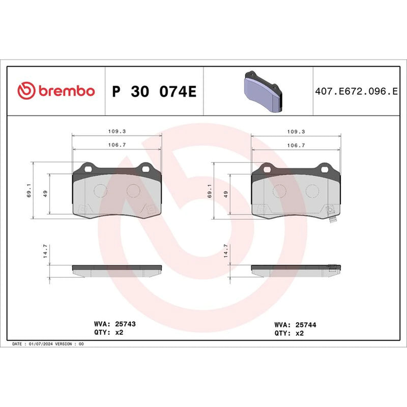 Brembo 4 x Rear Brake Pad Set P30074E