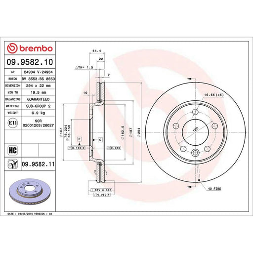 Brembo 2 x Rear Brake Discs 09.9582.11