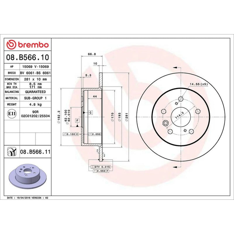 Brembo 2 x Solid Rear Brake Discs 08.B566.11