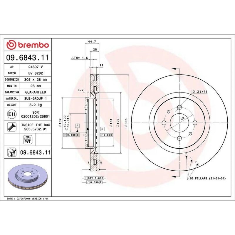 Brembo 2 x Internally Vented Front Brake Discs 09.6843.11