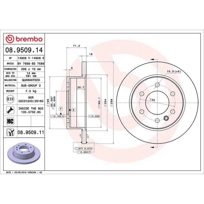 Brembo 2 x Solid Rear Brake Discs 08.9509.11